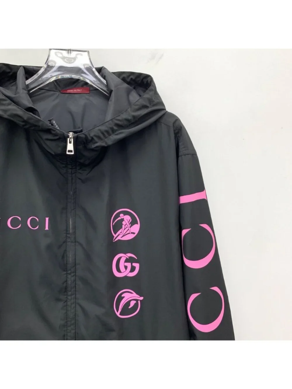 Gucci Black Logo Print Hooded Zip Jacket